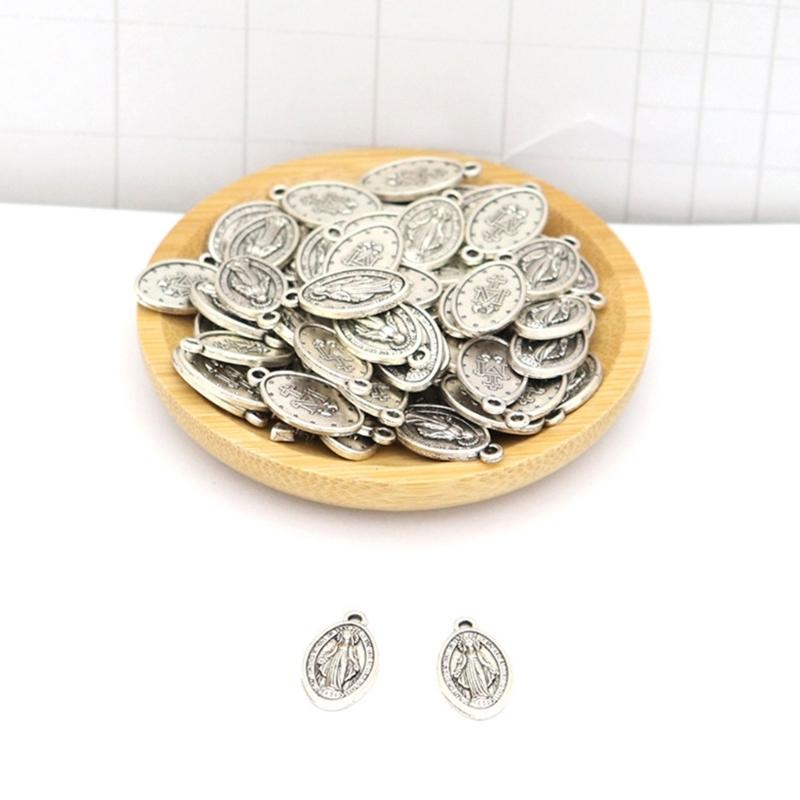 10pcs Antique Oval Shaped Medal Charm Virgin Mary Medal Pendant Alloy Catholic Charm Ornaments Jewelry Making Supplies