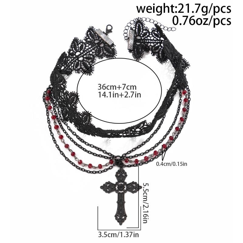 Gothic Dark Cross Necklace for Women - Punk Crystal Beaded Tassel Choker