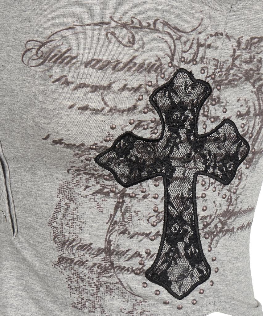 Gillaakaibeu Lace Cross Patched Button Crop T-Shirts_Grey