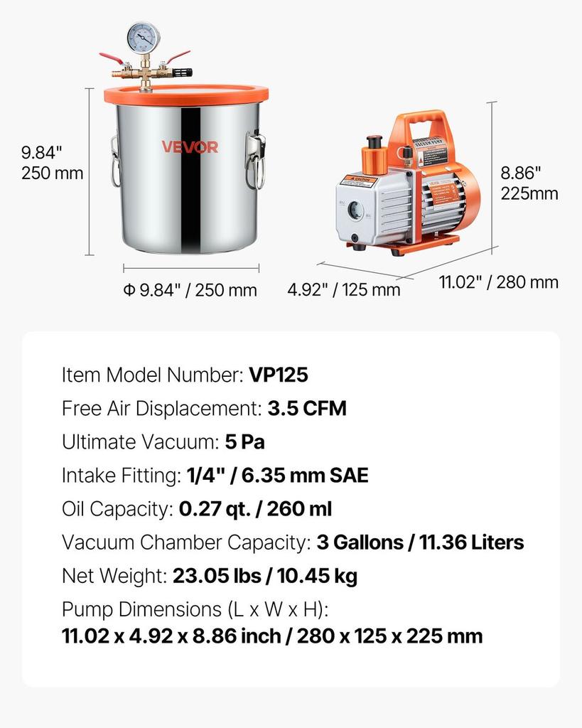 110L/min Single Stage Vacuum Pump 11.36L Stainless Steel Degassing Chamber