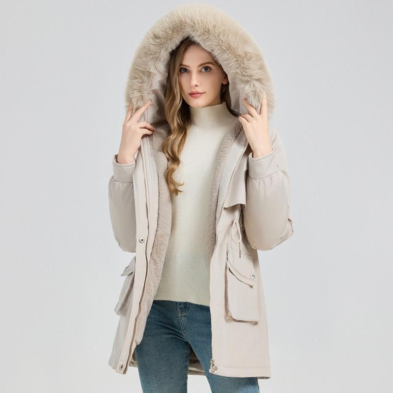 Women's Mid-Length Hooded Parka with Large Fur Collar, Korean Style, Versatile Plus Velvet Thick Down Cotton Jacket.