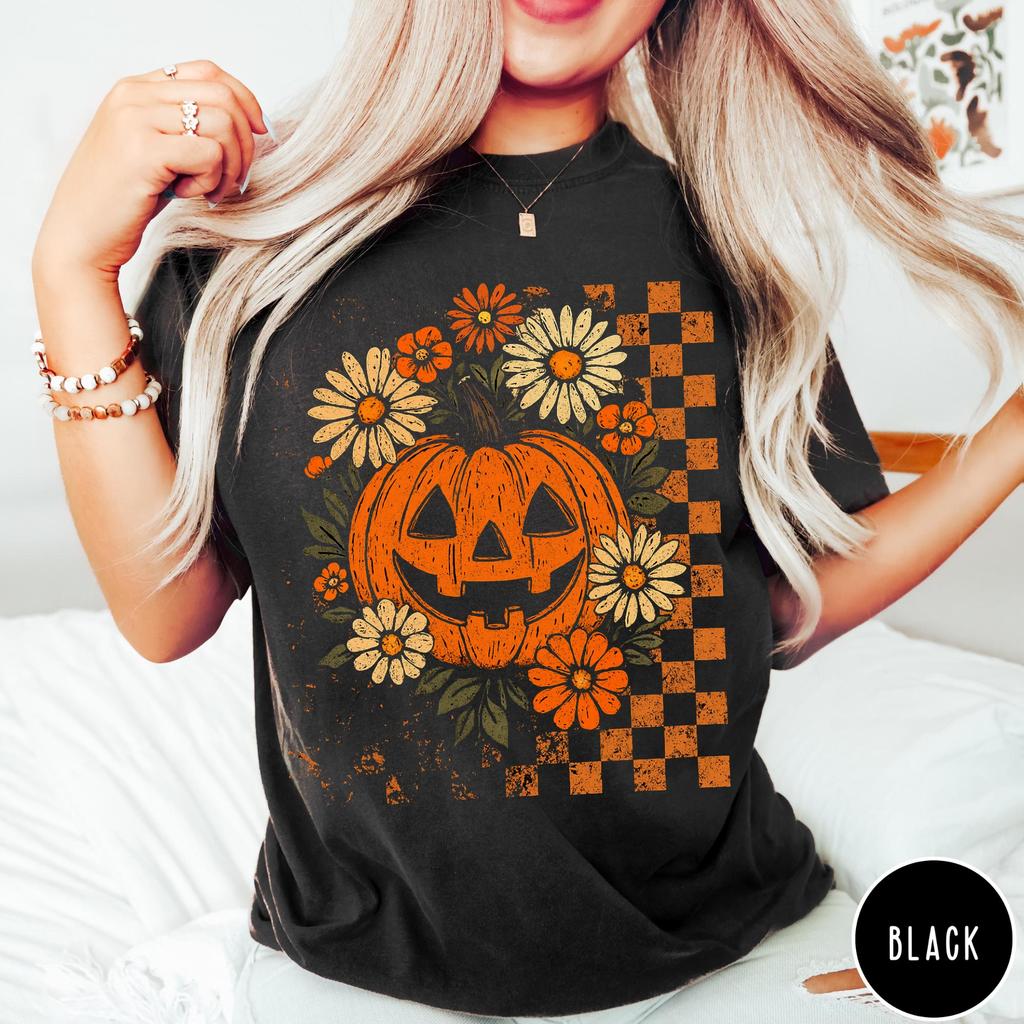 Retro Floral Pumpkin T-Shirt, Vintage Halloween Aesthetic, Preppy Women's Halloween Shirt, Boho Halloween Graphic Tee