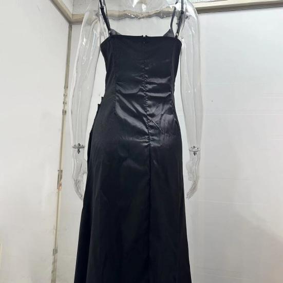 Abito da Sera da Donna Scollo a V Profondo Senza Maniche Spallina Sottile Raso Plissettato Spacco Alto Tinta Unita Vita Stretta Vestibilità Slim Lunghezza Intera Estivo Ballo di Fine Anno