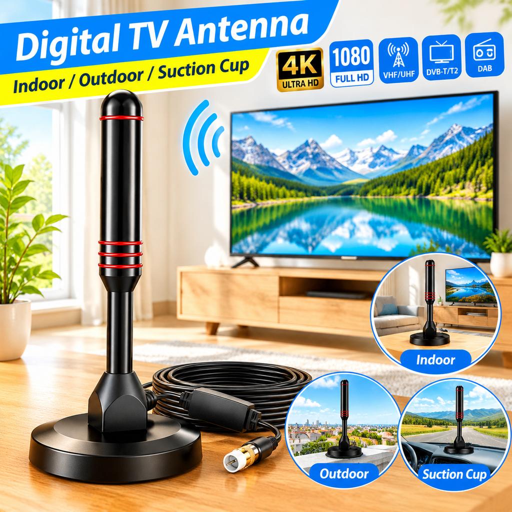 Digital TV Antenna DVB/T/T2/DAB/VHF/UHF Indoor Outdoor 300-500cm Cable Suction Cup Base HDTV Receiver Aerial For Home Car Camping