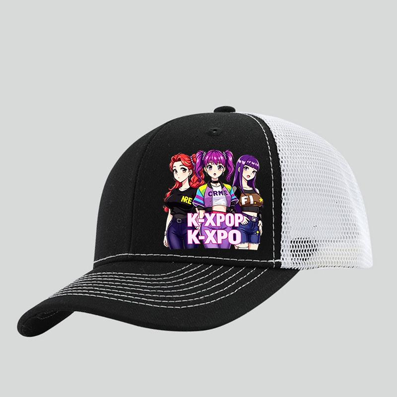 Pc of Black KXPOP KXPO Anime Girl Group Printed Baseball Cap with Cute Cartoon Kpop Idol Patterns Suitable for Kpop Fans