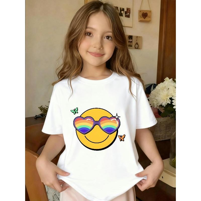 European sizes Girls' Heart-Shaped Fashion Glasses & Joyful Face Print T-Shirt - Cute Summer Outfit, Round Neck Casual Top with Smiling Face