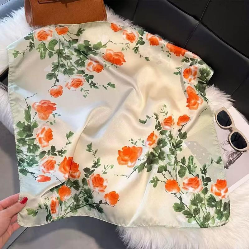 70x70cm Lightweight Cotton Silk Square Scarf With Boho Floral Print Breathable Neck Wrap Women