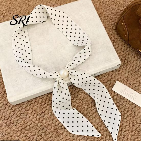 Satin Neck Scarf Women Imitation Pearl Buckle One-Piece Design Lightweight Chiffon Breathable Summer French Retro Black White Dot Collar Decorative