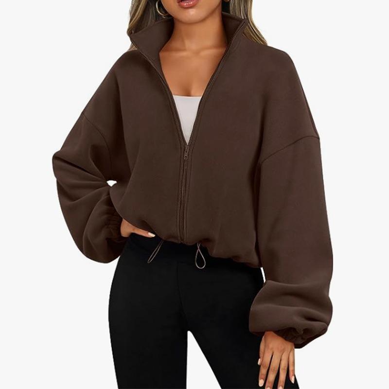 Ladies Spring Autumn Casual Long Sleeve Stand Collar Zipper Solid Color Drawstring Gather Waistline Cardigan Hoodies Sweatshirt Top