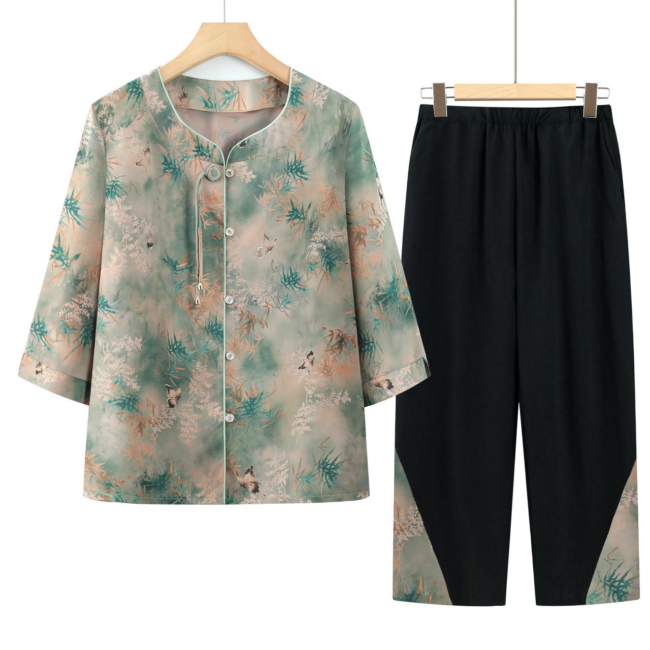 

Elderly Women s Chinese Style Seven-Sleeve Top & Summer Two-Piece Set 3XL (125-135 jin) зелений