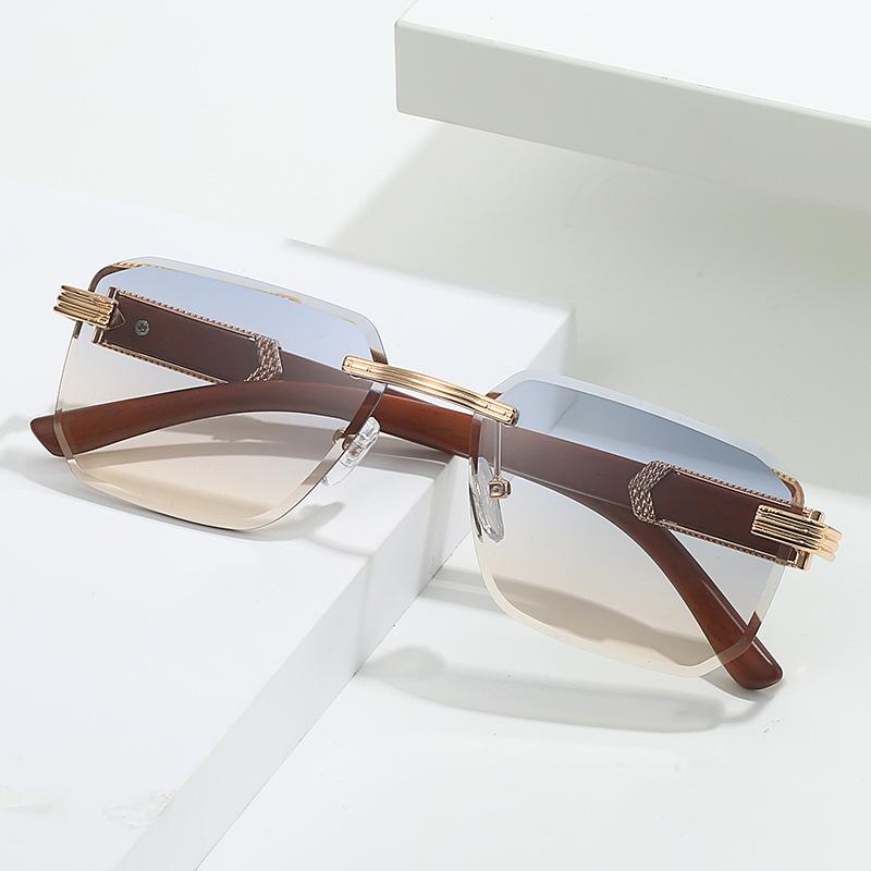 Arrow Wood Grain Legs Frameless Trimmed Sunglasses Women, Irregular Square Sunglasses Retro Sunscreen Glasses