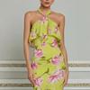 Women Halter Neck Sleeveless Floral Print High Low Ruffle Hem Maxi Dress Elegant Party Dress