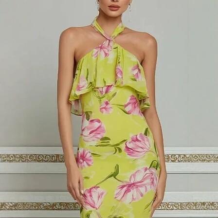 Women Halter Neck Sleeveless Floral Print High Low Ruffle Hem Maxi Dress Elegant Party Dress