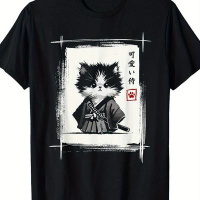 Samurai Cat Sumi-E Ink Japanese Graphic T-Shirt Vintage Anime Style Tee