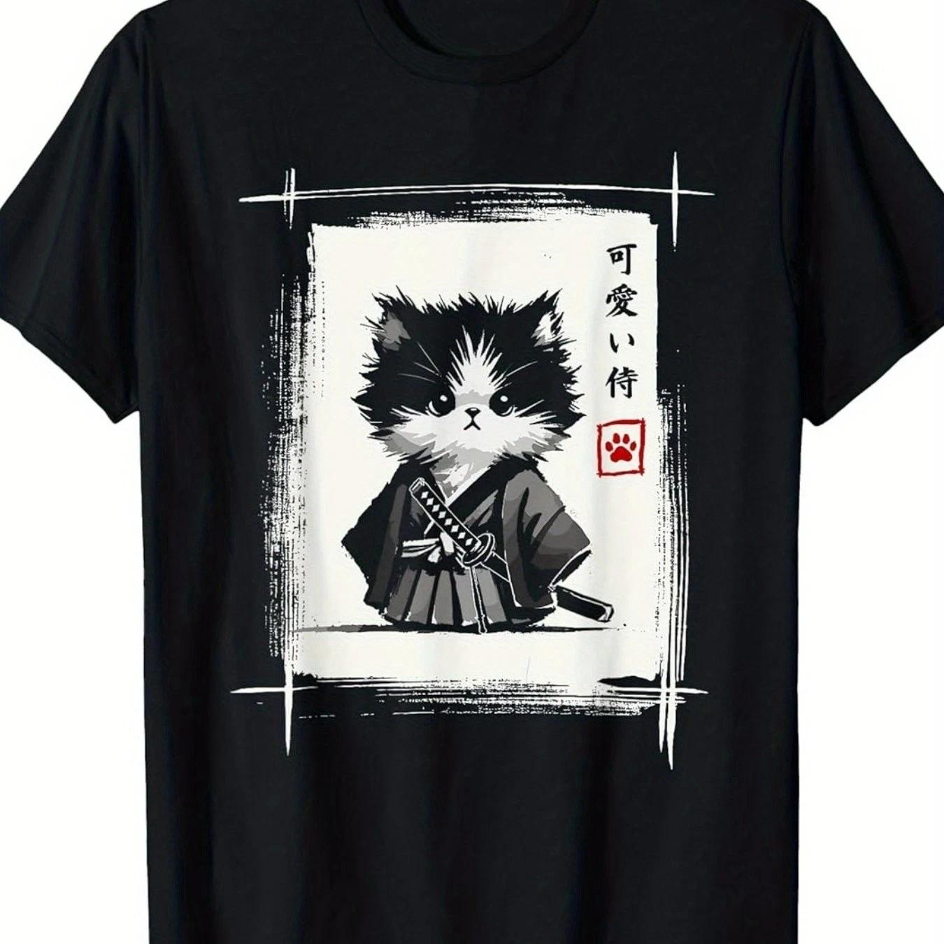 Samurai Cat Sumi-E Ink Japanese Graphic T-Shirt Vintage Anime Style Tee M