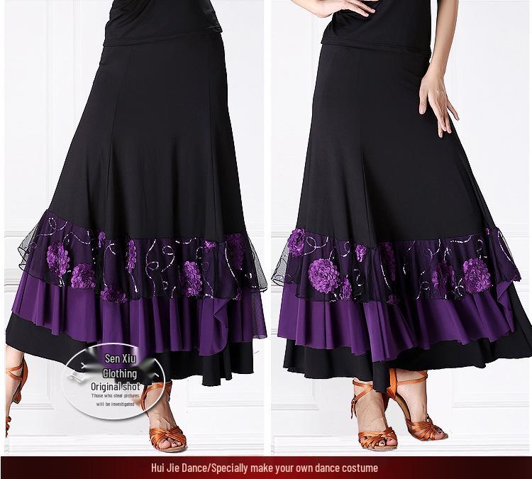 

Sequined Embroidered Ballroom Performance Dance Skirt with Wide Hem One Size (Skirt Length 90cm)