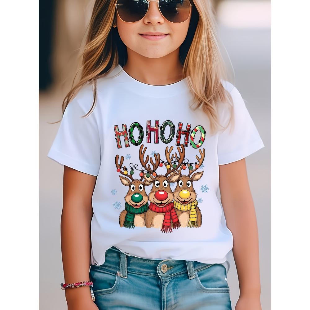 Cute Animals Printing Christmas T-Shirt Festive Short Sleeve Boys Girls Clothes Christmas Gift Child Top
