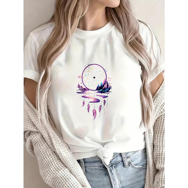 Women's White T-Shirt With Dreamcatcher And Mountain Landscape Print For Casual Wear