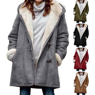 Women Fuzzy Jacket Fleece Lined Hooded Horn Buttons Medium Length Overcoat Winter