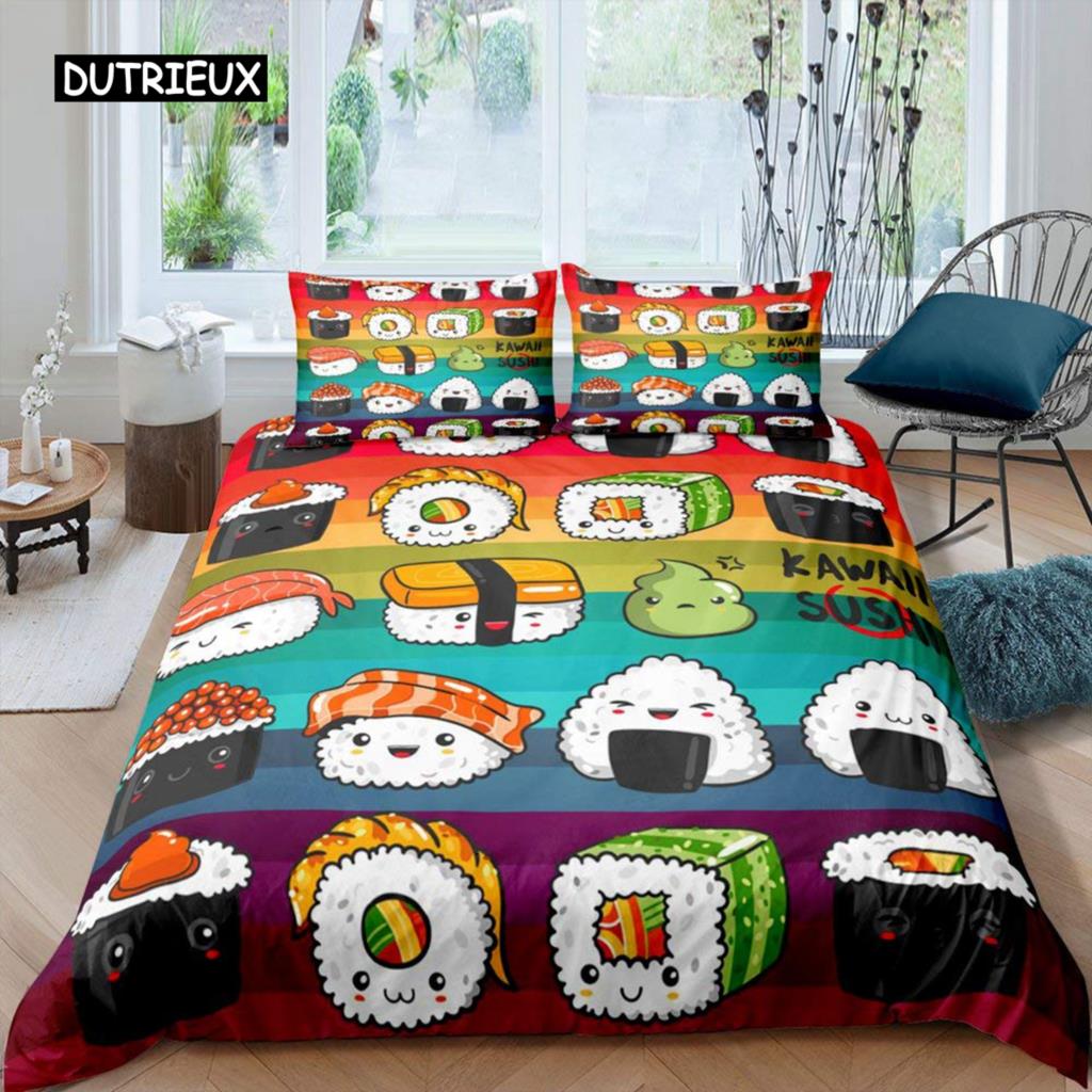 

Sushi Pattern Duvet Cover Set King Microfiber Japanese-Style Comforter Cover Food Theme Cute Cartoon Japanese Sushi Quilt Cover Tool EU single(135x200cm)