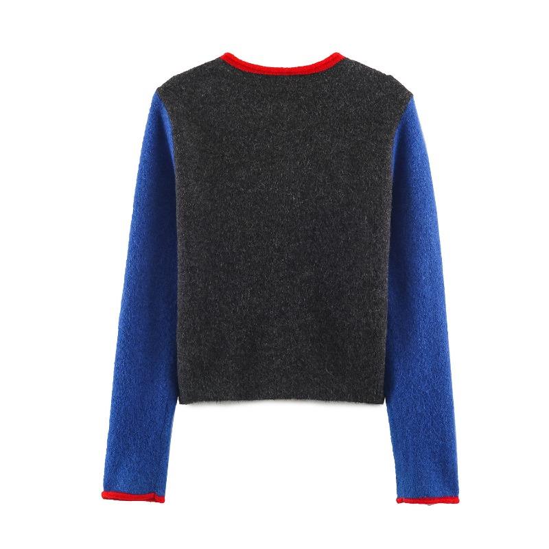 Women Long Sleeve Round Neck Color Block Knit Cardigan Office