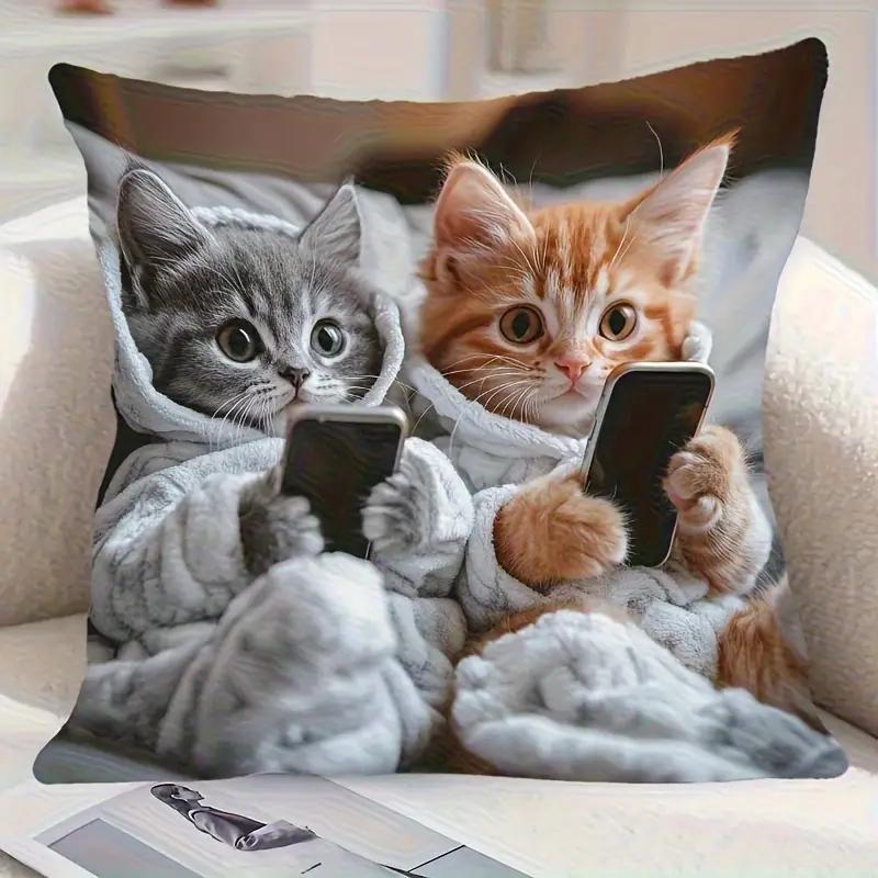 1Pc Vibrant Bohemian Style Short Plush Pillow Cover Charming Kitten Living Room Bedroom Decor (Excluding Pillow Core)