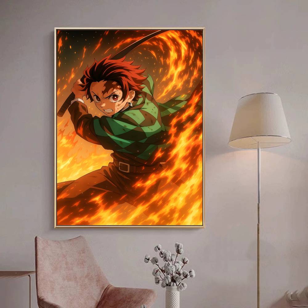 Japanese Anime Demon Slayer Self-adhesive Art Poster Retro Kraft Paper Sticker DIY Room Bar Cafe Stickers Wall Painting