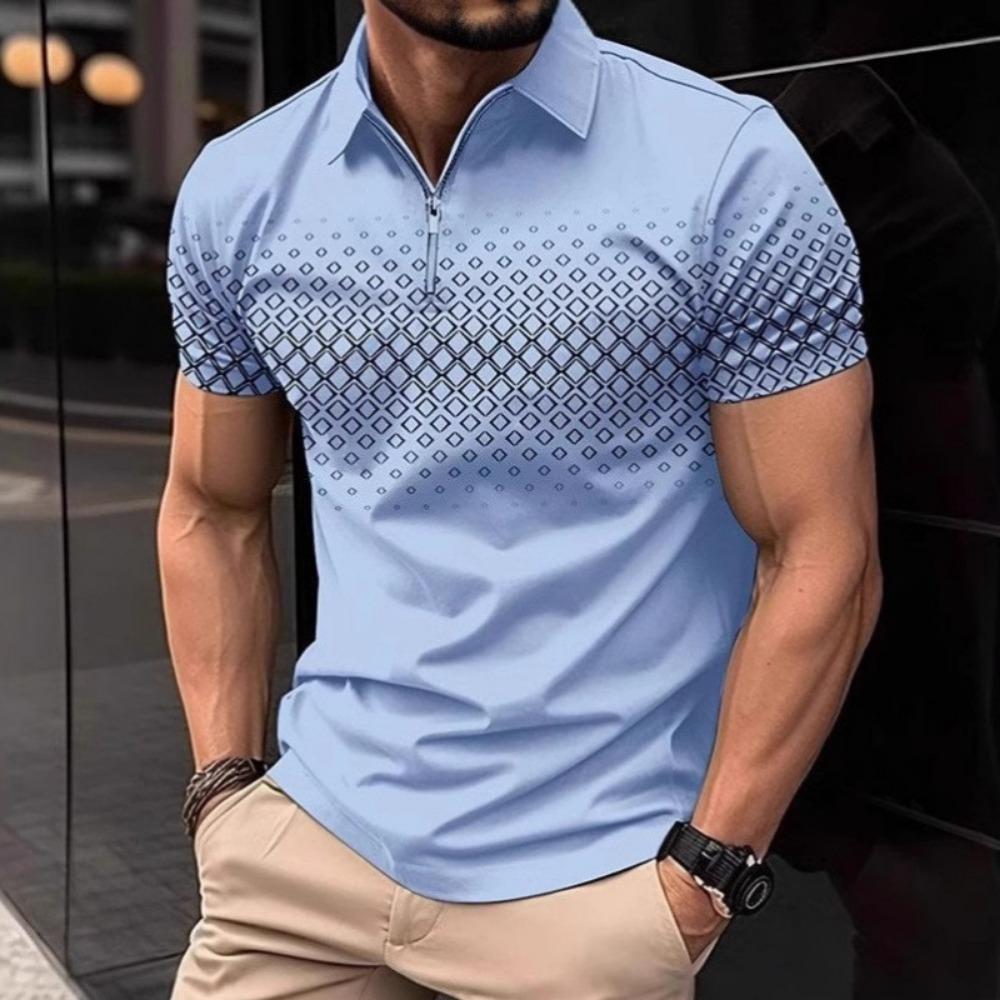 Summer New Men's Short Sleeved Lapel Polo Shirt Square Printed Zipper Casual