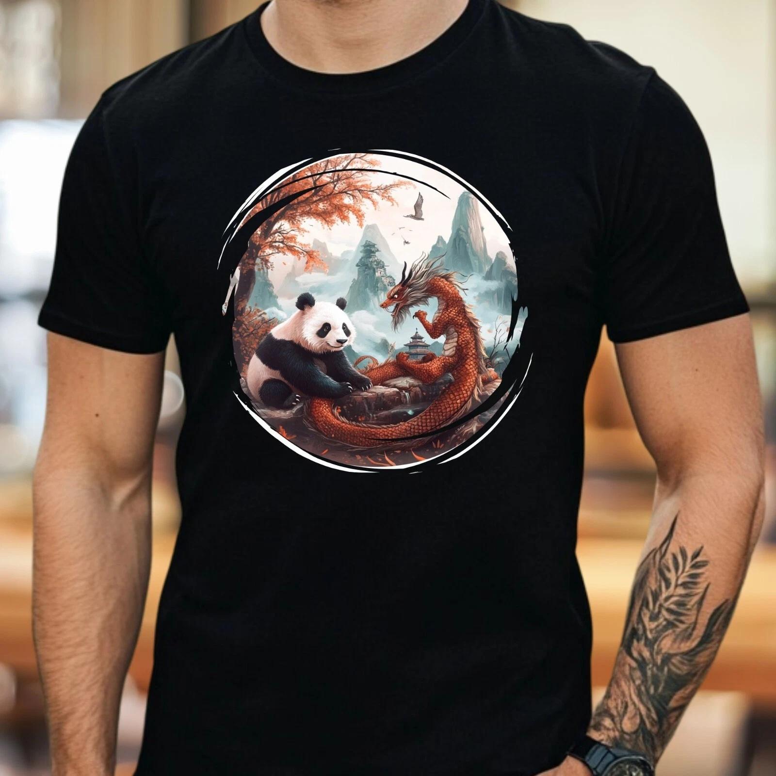 T-Shirt Herren Panda und Drache Motiv Baumwolle Größe S bis 5XL XS