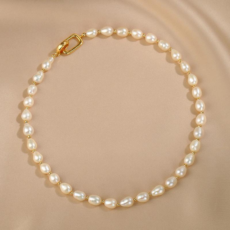 Large Grain 7-9Mm Rice Grain Freshwater Pearl Metal Buckle Necklace Temperament Ot Buckle Copper Bead Splicing Collarbone Chain