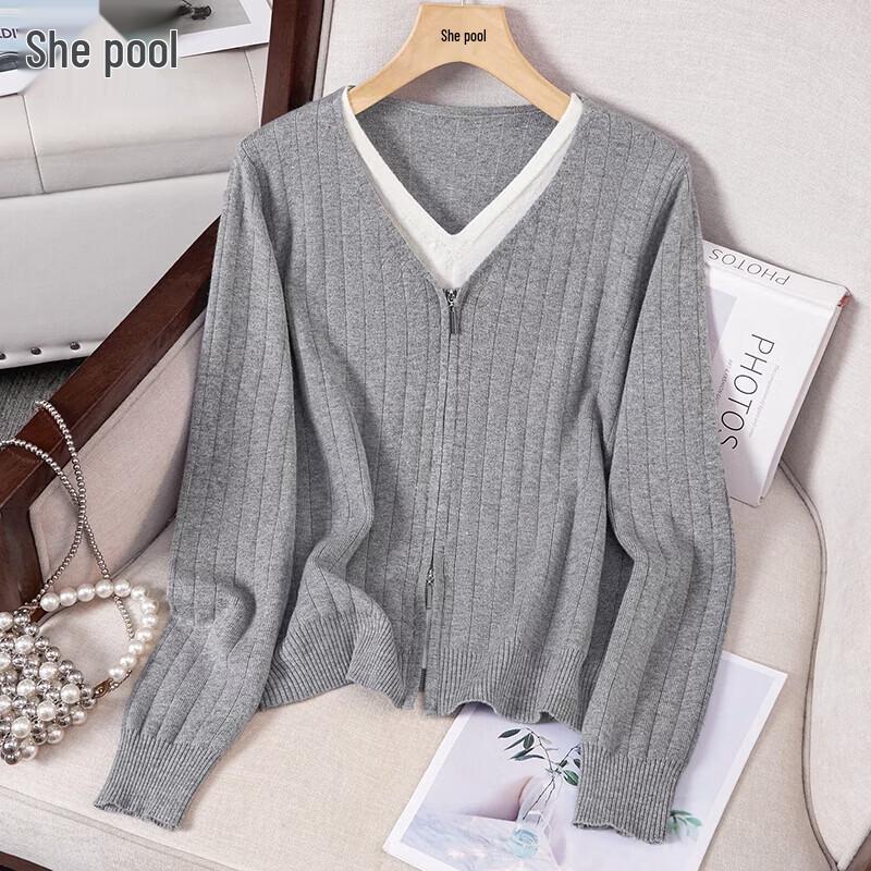 Women s Faux Two-Piece Color Block V-Neck Knit Top One Size