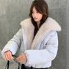 Winter plush splicing short cotton-padded clothes women's large lapel collar large fur collar loose and thin cotton-padded jacket entity