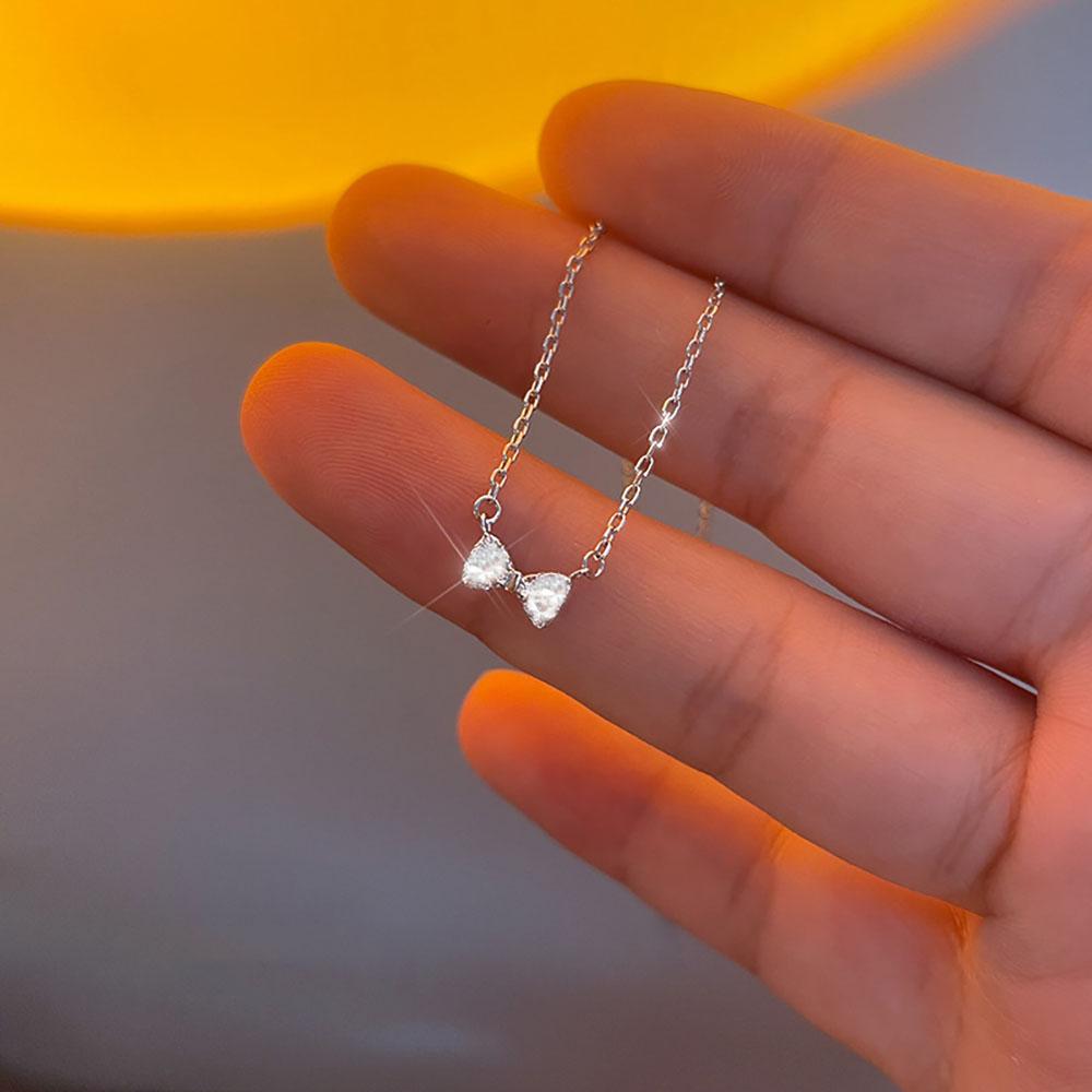 Simple Shiny Zircon Bowknot Necklace For Women Sweet Heart Clavicle Stainless Steel Chain Necklace Jewelry Accessories Gift серебряный