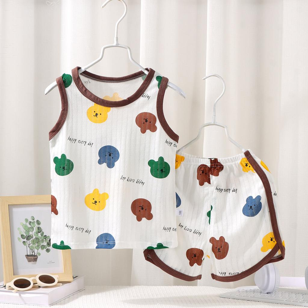 Kinder Ärmelloses Set Sommer Baumwolle Mädchen Shorts Schlafanzug Koreanischer Stil Jungen Tanktop Outfit Kinder Bekleidungsset