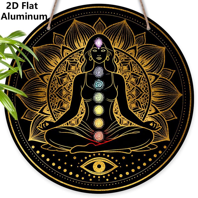 2D Flat Bohemia Aluminium Sign with Meditation & Chakra Pattern - Vintage Figurine Ornaments - Ideal for Front Door, Wall, Porch, Fence Decor - Ideal