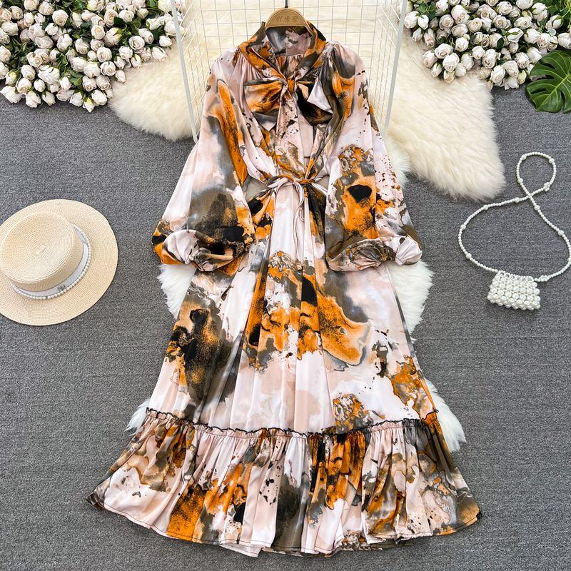 

Retro Long Sleeve Big Hem Dress Bows Shoelace Yellow flowers on white background All yards