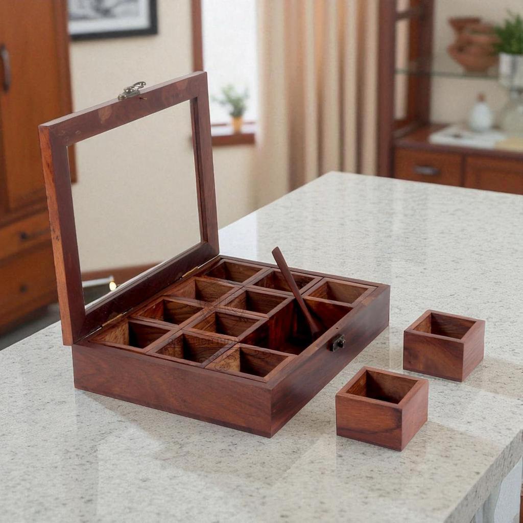 Wooden Spice Box Set for Kitchen Large Containers Spice Jars & Spoon In Sheesham Wood Masala Dabba