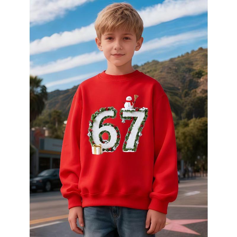 Children's Clothing Kids Unisex ' Round Neck Sweatshirt 67 's SixtySeven67 Christmas Number Theme Creative Digital Snowman Wreath Pattern Unisex