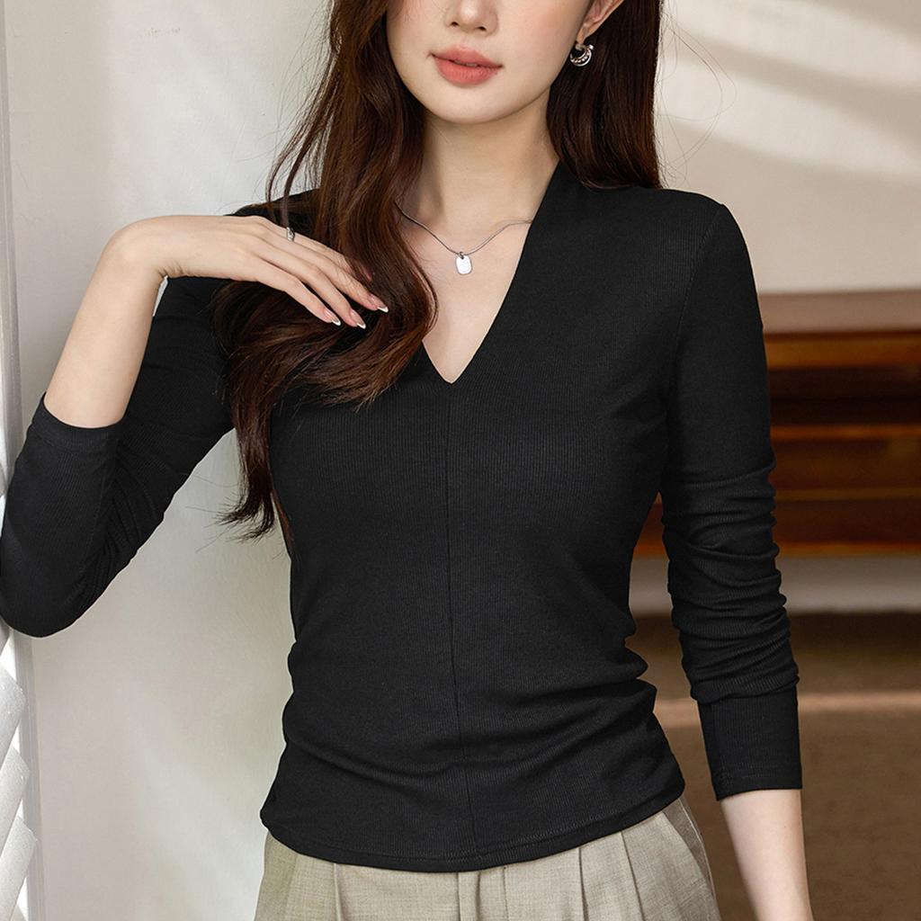 Temperament Deep V-neck T-shirt Women Long Sleeve Autumn New Slimming Slimming Bottom Shirt Top