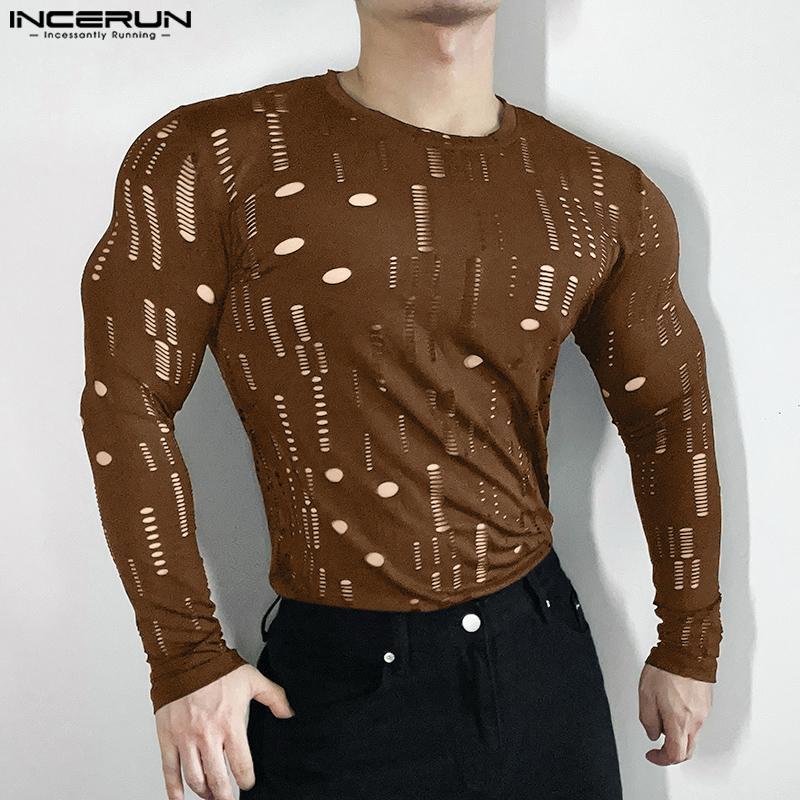 

INCERUN Men Long Sleeve Hollow Out T-shirts Loose Casual Tops 4XL чёрный