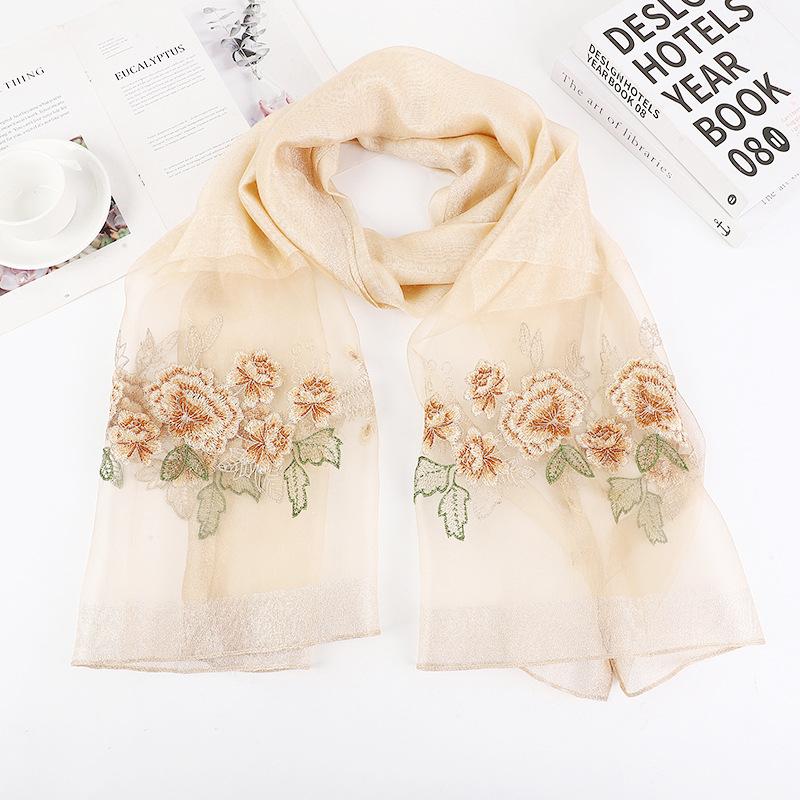 Hangzhou silk and wool blend exquisite embroidered women's long silk scarf, classic mulberry silk shawl in apricot color