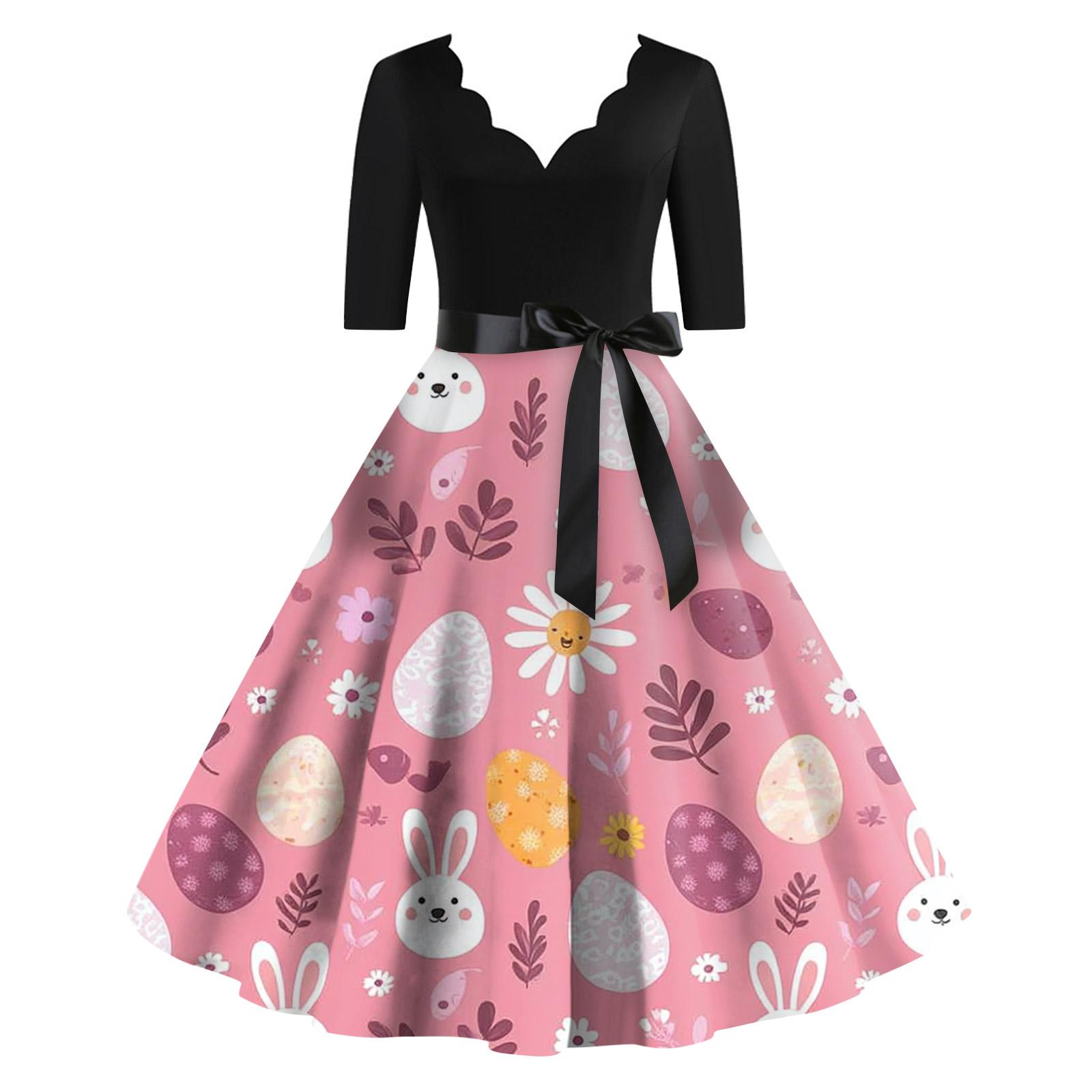 

Женское повседневное модное ретро-платье с V-образным вырезом и пасхальным принтом S розовый