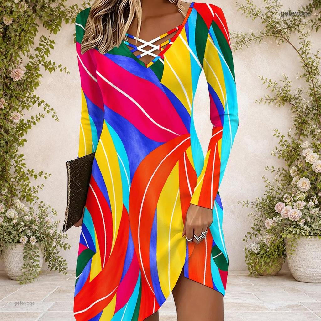 Women Criss Cross V Neck Long Sleeve Blue White Printed Fitted Curved Hem Dress