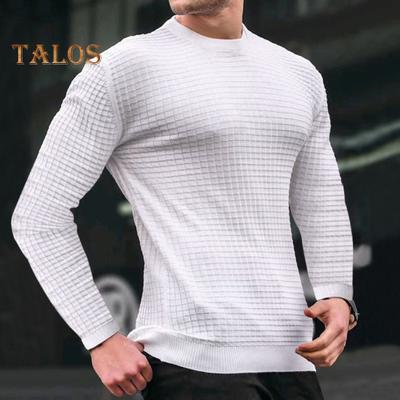 Men Spring Top 3D Checked Texture O Neck Slim Fit Long Sleeve Bottoming Clothes Solid Color Stretchy Pullover T-shirt