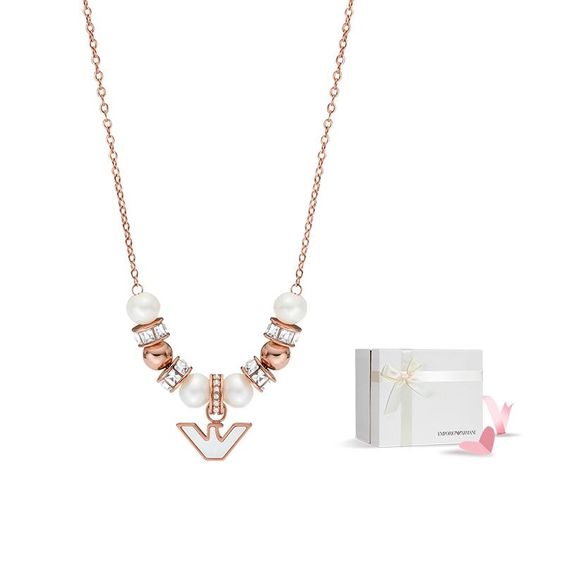 Emporio Armani Beaded Eagle Logo Mother Of Pearl Glass Stainless Steel Necklace Women necklace Rose-Gold EGS3053221 Basic Packaging-Box