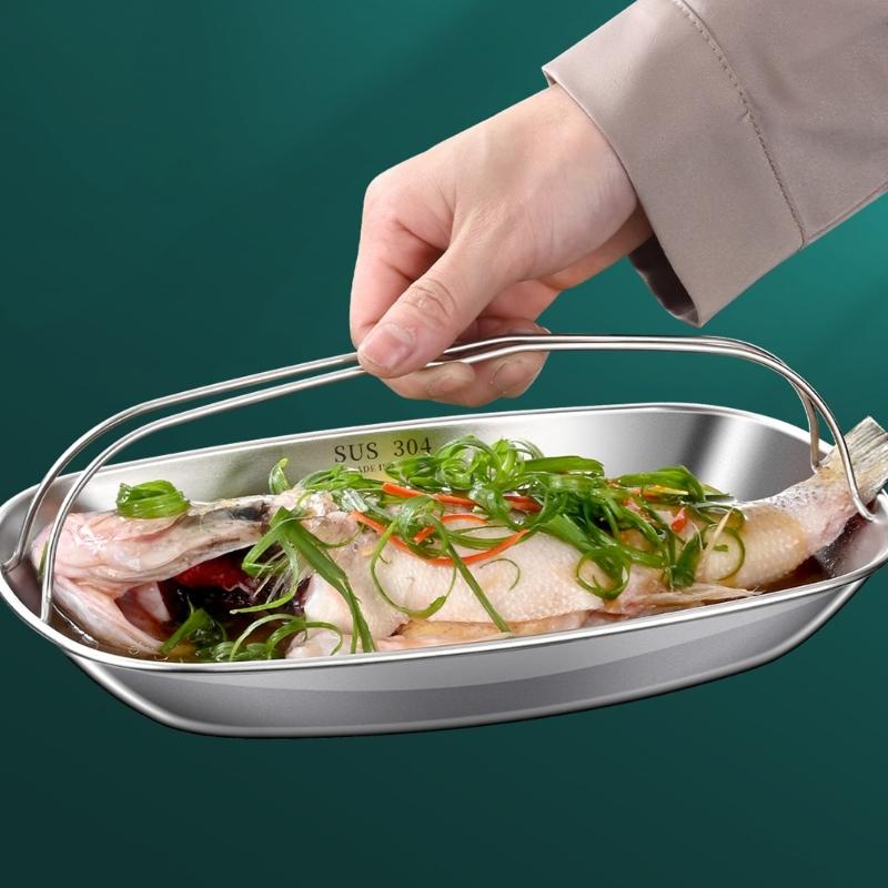 Stainless Steel Serving Plate Easy Cleaning Multipurpose Fish Steamping Tray with Double Handle for Kitchen Food Preps