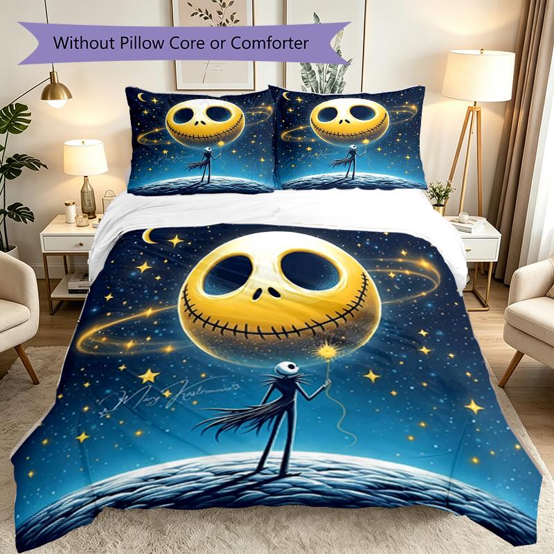 Halloween Jack Sally Skull Duvet Cover Set - Without Core & Quilt, Lightweight Machine Washable, Anime Style Gaming Bed Set