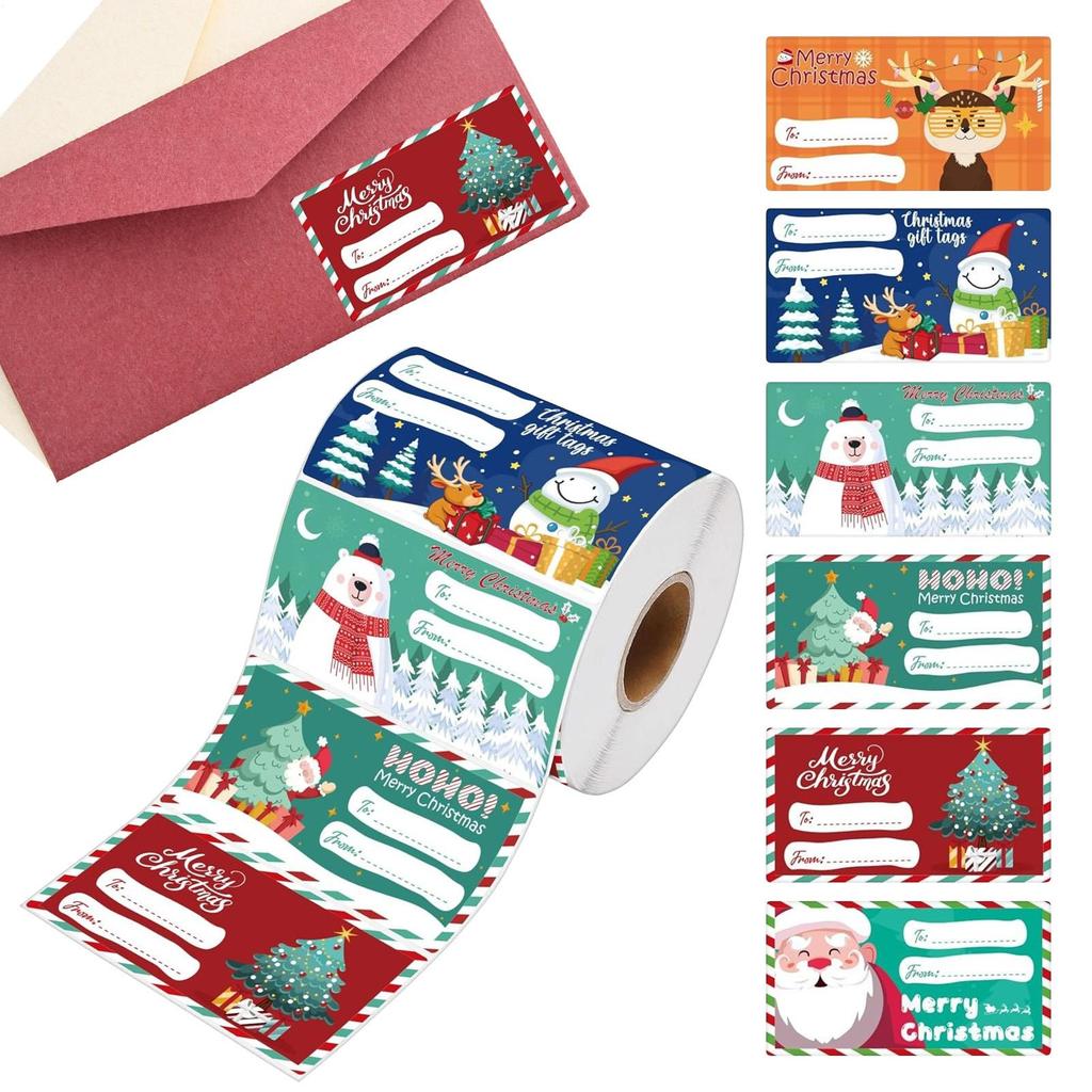 500PCS/roll Christmas Gift Tags & Wrapping Paper Self-Adhesive Cartoon Removable Holiday Wrapping Name Tag Stickers
