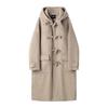 Men's College Style Horn Buckle Hooded Wool Coat, Cotton Padded, Thickened, Mid-Length, Over-the-Knee, Trendy for Autumn and Winter.