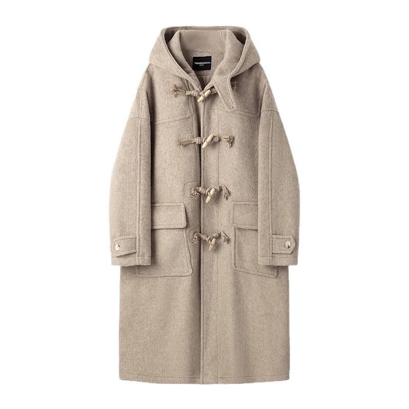 Men's College Style Horn Buckle Hooded Wool Coat, Cotton Padded, Thickened, Mid-Length, Over-the-Knee, Trendy for Autumn and Winter.